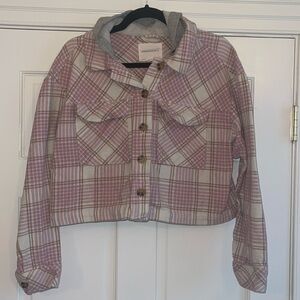 Aeropostale pink cream plaid cropped flannel jacket with hood, medium